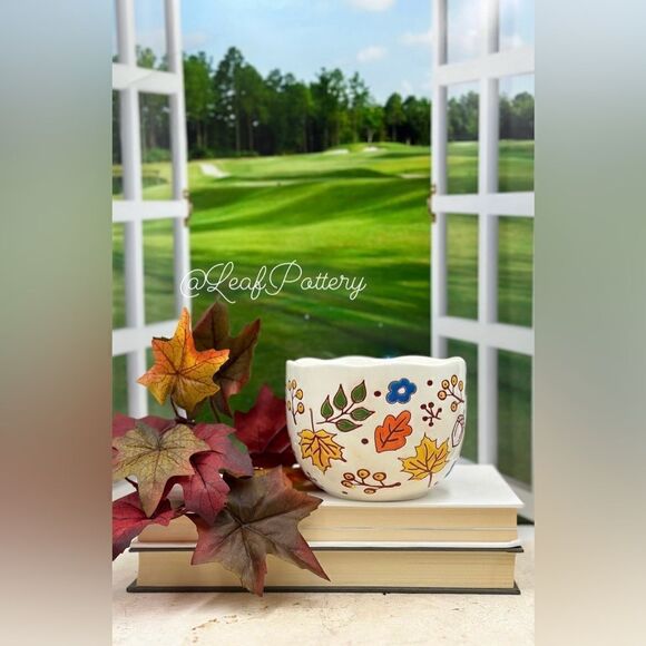 Cozy Autumn Leaves & Acorn Mug – Hand-Painted Ceramic Cup with Blue Handle, 16oz - Picture 4 of 10